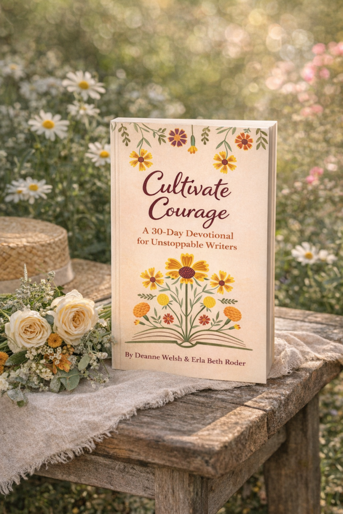 Cultivate Courage book on a table with a cloth and a field of flowers in the background